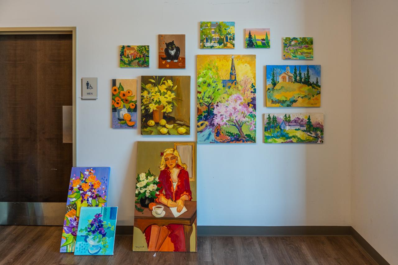 Some paintings donated by Susan, Judy, and Betsy.