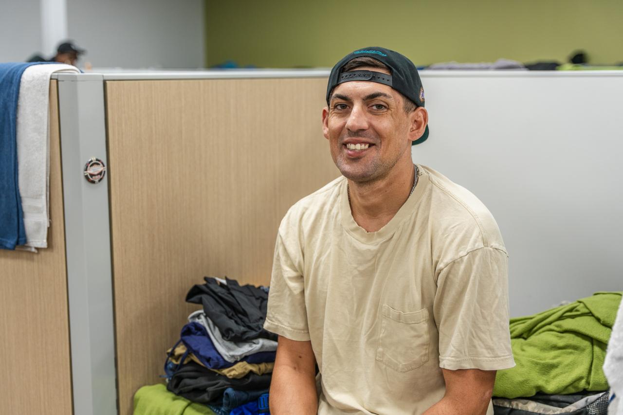 A Rosalie's Place guest sits in his space.