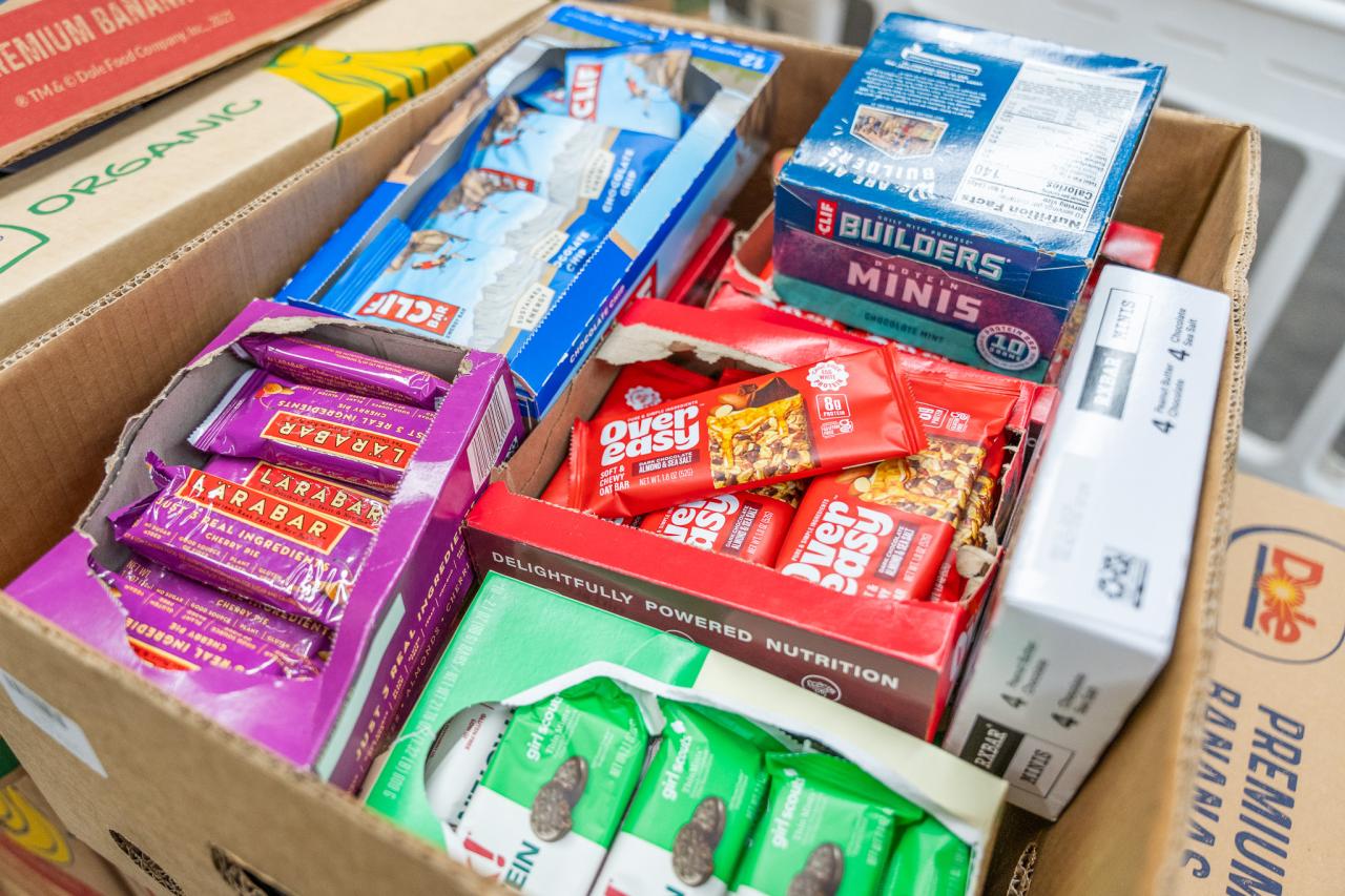 A box of healthy snacks in SVdP's Food Reclamation Center.
